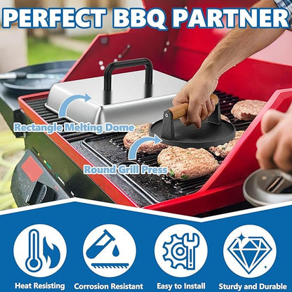 SafBbcue Round Cast Iron Smash Burger Grill Weight Press & Griddle Steamer Melting Dome Basting Cover for Blackstone Flat Top Grills Accessories, 14" Rectangular Stainless Steel Grill Basting Cover
