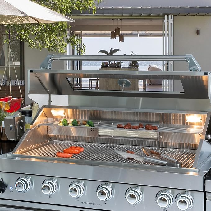 82-Inch Outdoor Kitchen Island with 6Burner, Gas Outdoor Kitchen Bar Island BBQ Grill with 85000 BTU, Rotisserie, Granite Countertops, Storage Cabinets & Drawers, Silver