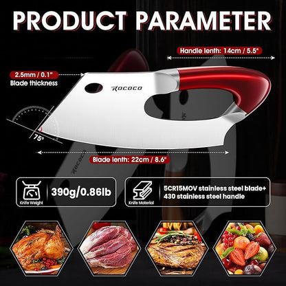 ROCOCO Easy Handle Meat Cleaver - Effort Saving Chef Knife Unique Professional for Kitchen Cutting Meat Vegetable Birthday Gift Red Stainless Steel
