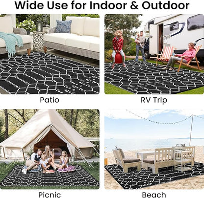 Smiry Outdoor Rug 6x9 ft Waterproof Reversible Boho Mat, Black | Polypropylene Plastic Straw, Quick Drying, Lightweight Foldable, for Patio, Deck, RV Camping, Backyard and Indoor Outdoor Use