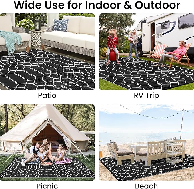 Smiry Outdoor Rug 8x10 ft Waterproof Reversible Boho Mat, Black | Polypropylene Plastic Straw, Quick Drying, Lightweight Foldable, for Patio, Deck, RV Camping, Backyard and Indoor Outdoor Use