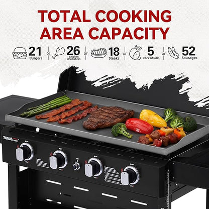 Royal Gourmet GB4000PB 4-Burner Gas Griddle with Hood, Griddle with Collapsible Side Shelves, 52,000 BTU, 582 Sq. In. Cooking Area, Electronic Ignition, Swivel Wheels with Brakes, Black