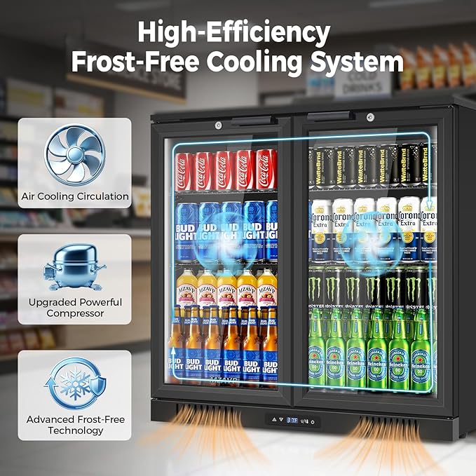 Back Bar Cooler with 2 Glass Door, Commercial Beverage Fridge Under Counter, 7.2 Cu.Ft Display Refrigerator with Safety Locks for Beer, Soda, Wine, Built-In/Freestanding for Bar Restaurant Home
