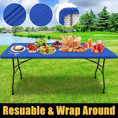 Smiry Rectangle Picnic Table Cloth, Waterproof Elastic Fitted Tablecloths for 5 Foot Tables, Washable Polyester Table Cover for Camping, Indoor and Outdoor (Blue, 36"x60")