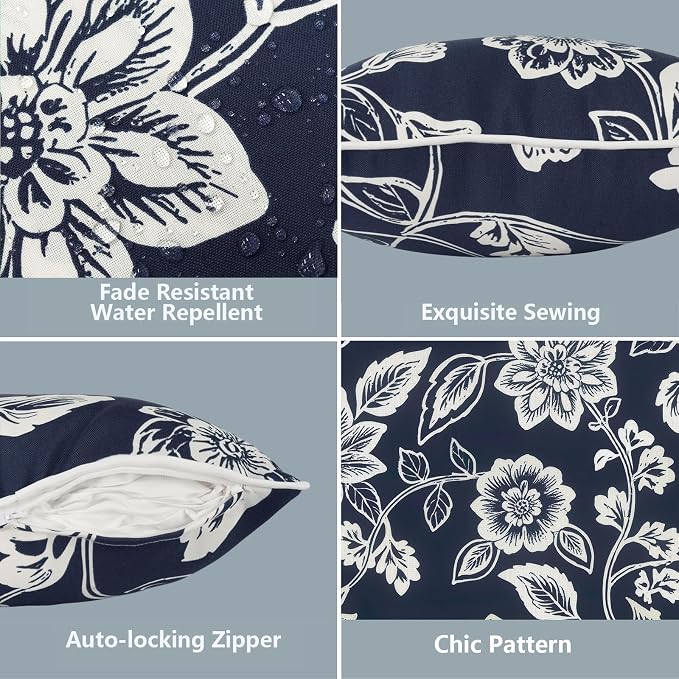 LVTXIII 2 Pack Outdoor Lumbar Pillow Covers 12x20 Inch with Piping, Water-Repellent Back Cushion Covers ONLY for Patio Furniture, Sofa, Garden Bench, Elegant Vines Navy