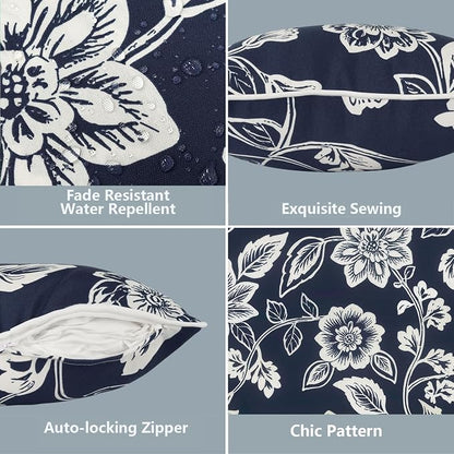 LVTXIII 2 Pack Outdoor Lumbar Pillow Covers 12x20 Inch with Piping, Water-Repellent Back Cushion Covers ONLY for Patio Furniture, Sofa, Garden Bench, Elegant Vines Navy