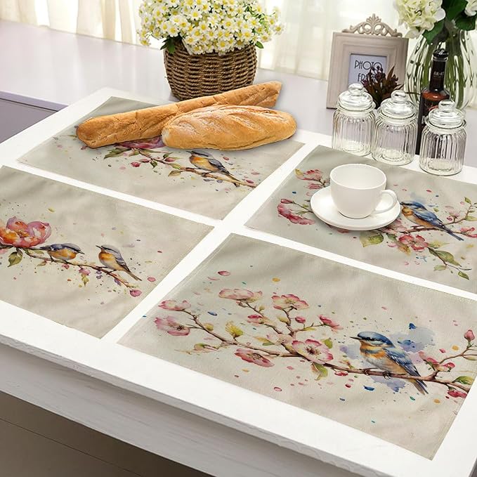Watercolor Painting Birds Table Mats Set of 4 Spring Pink Flowers Placemats Waterproof Heat Resistant Washable Non-Slip Place Mats for Dinner Room Kitchen Decor Table 12”×16”(Pink)