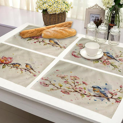 Watercolor Painting Birds Table Mats Set of 4 Spring Pink Flowers Placemats Waterproof Heat Resistant Washable Non-Slip Place Mats for Dinner Room Kitchen Decor Table 12”×16”(Pink)