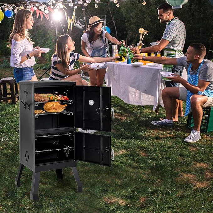 DORTALA Vertical Charcoal Smoker, Outdoors Charcoal Barbeque, Smoked Carbon Oven, Iron Structure, w/Two Chrome-plated Nets, Two Charcoal Pots, Suitable for Lawn Picnic, Backyard BBQ (Black)