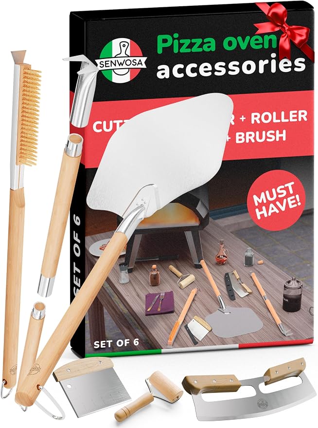Senwosa Premium Pizza Oven Accessories Kit - 6-Piece Set for Home Pizza Making: Includes Pizza Peel, Oven Brush, Bubble Popper Turner, Rocker Cutter, Dough Roller & Scraper