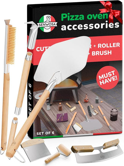 Senwosa Premium Pizza Oven Accessories Kit - 6-Piece Set for Home Pizza Making: Includes Pizza Peel, Oven Brush, Bubble Popper Turner, Rocker Cutter, Dough Roller & Scraper