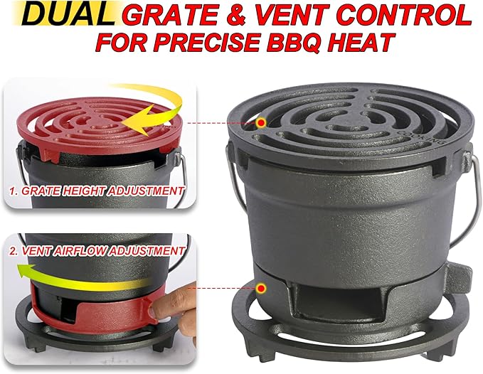 2-in-1 Hibachi Grill & S'mores Maker, 100% Pre-Seasoned Cast Iron, 6.5" Mini Small Portable Charcoal BBQ Grill for Outdoor Camping - 2 Heights, Draft Door