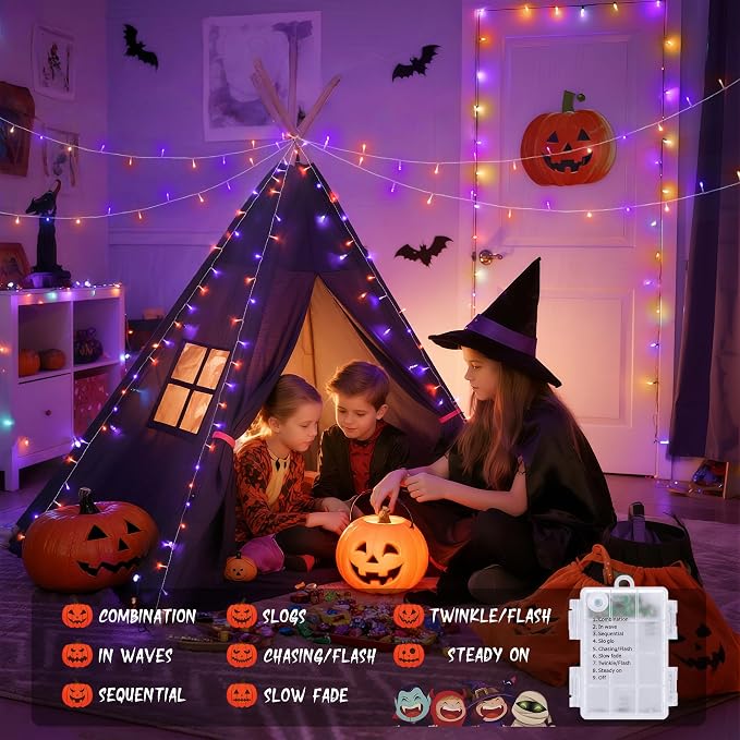 JMEXSUSS 2 Pack Orange Purple Battery Operated Halloween Lights | Each 33ft 100 LED Battery Powered String Lights with Remote Outdoor Indoor