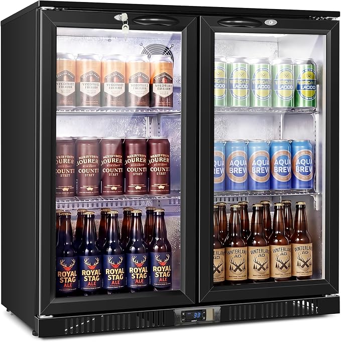 35.42" W Commercial Under Counter Beverage Refrigerator, 2 Glass Door Back Bar Cooler, Built-in/Freestanding 7.4Cuft Drink Fridge with LED Light, Auto Defrost, Low-E Glass & Safety Lock, Rebound door