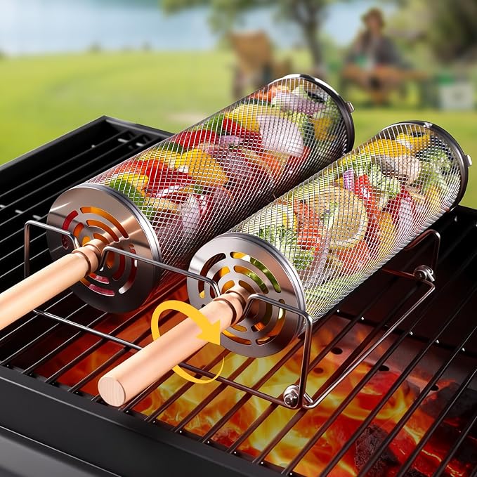 Rolling Grill Basket,Grill Baskets for Outdoor Grill,BarBecue Accessories for Vegetables & Shrimp,304 Stainless Steel, Unique Gift for Dad or Husband
