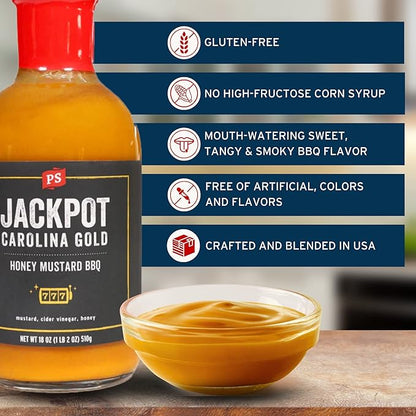 PS Seasoning Jackpot Carolina Gold Honey Mustard BBQ Sauce - Tangy and Sweet Marinade, Glaze, Baste, and Dip - All-Purpose Sauce Great for Pulled Pork, Ribs, BBQ Chicken, Wings, Pork Chops, and more