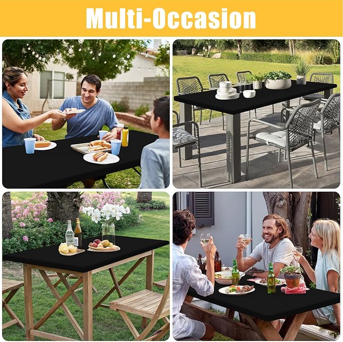 Rectangle Table Cloth, Waterproof Elastic Fitted Tablecloth for 8 Foot Folding Tables, Washable Polyester Tablecloths for Picnic, Camping, Outdoor (Black, 30"x96")