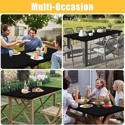 Rectangle Table Cloth, Waterproof Elastic Fitted Tablecloth for 6 Foot Folding Tables, Washable Polyester Tablecloths for Picnic, Camping, Outdoor (Black, 30"x72")