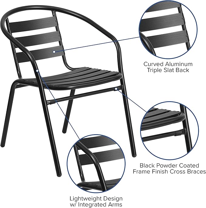 Flash Furniture Lila 7-Piece Glass Patio Table and Chairs Set, Outdoor Patio Dining Set with Rectangular Table and 6 Slat Back Patio Chairs, Black