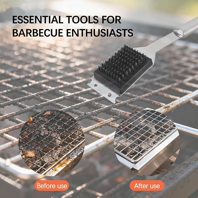 2 Pack Grill Brush and Scraper, 16" & 14" Stainless Steel Handle BBQ Cleaner - Heavy Duty Grate Cleaning Tool for Outdoor BBQ, Cookout, Gas/Charcoal Grills