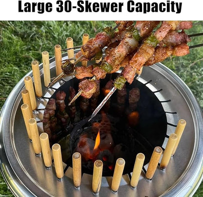 Portable BBQ Charcoal Barrel Grill, 15.35-inch Stainless Steel Rotating Grill for Outdoor Cooking, Patio, Camping, Backyard (30 Skewers)