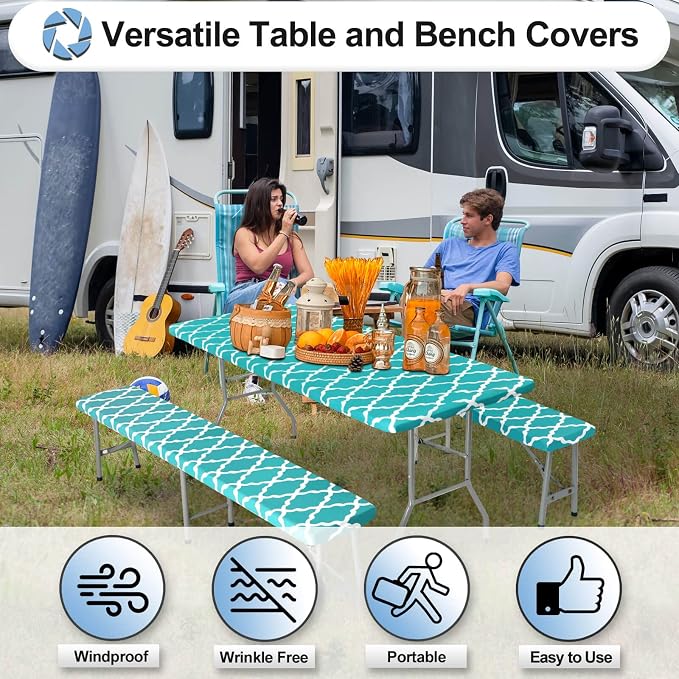 OutdoorLines Vinyl Fitted Picnic Table Cover with Bench Covers | Elastic Waterproof Camping Tablecloth for Picnic Table (Moroccon Teal 96x30 Inch, 3 Pcs)