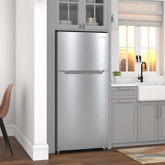 KoolMore 28 Inch 14 Cu Ft Top Freezer Refrigerator, Stainless Steel, Freestanding Full Size Fridge Freezer for Home Kitchen or Garage