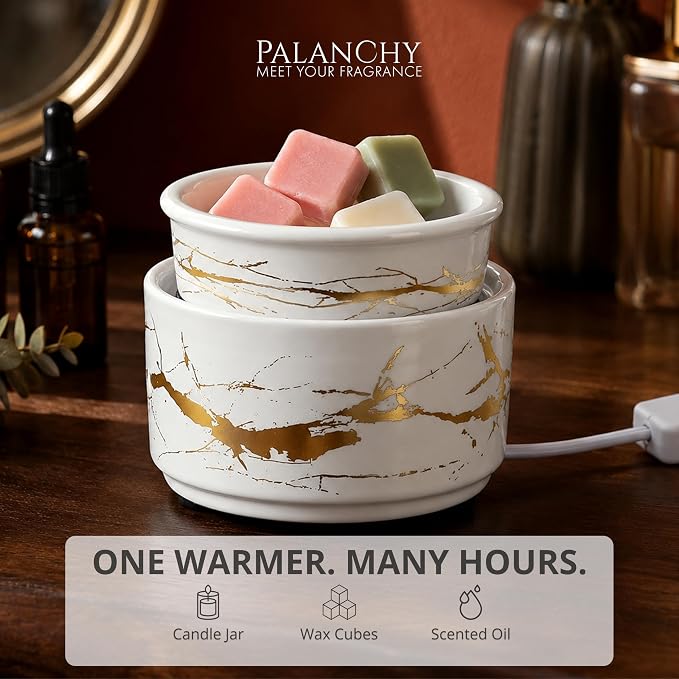 PALANCHY Wax Melt Warmer Ceramic 3-in-1 Oil Burner Electric Candle Wax Warmer Burner Melter Fragrance Warmer for Scented Waxs Home Office Bedroom Aromatherapy Gift & Decor | White Gold Wax Melter Aromatherapy Gift & Decor Home Office Bedroom. Ceramic C...