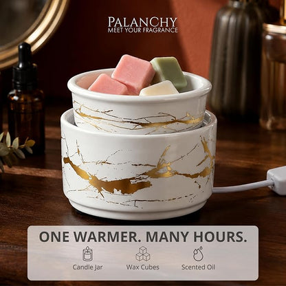 PALANCHY Wax Melt Warmer Ceramic 3-in-1 Oil Burner Electric Candle Wax Warmer Burner Melter Fragrance Warmer for Scented Waxs Home Office Bedroom Aromatherapy Gift & Decor | White Gold Wax Melter Aromatherapy Gift & Decor Home Office Bedroom. Ceramic C...