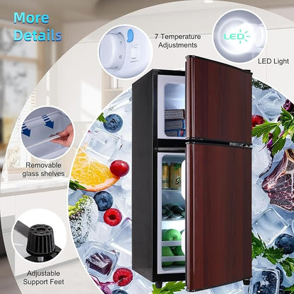 Dorm Fridge with Freezer, Small Refrigerator 3.45 Cu. Ft. with Freezer | 7-Level Temperature Adjustable Apartment Size Fridge with Removable Shelves for Kichen, College, Office, Apartment, Wood