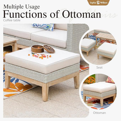 Sophia & William Patio Furniture Set, 5-Piece Wicker Patio Conversation Set, Rattan Outdoor Sectional Sofas with Ottomans & Wooden Coffee Table, Beige
