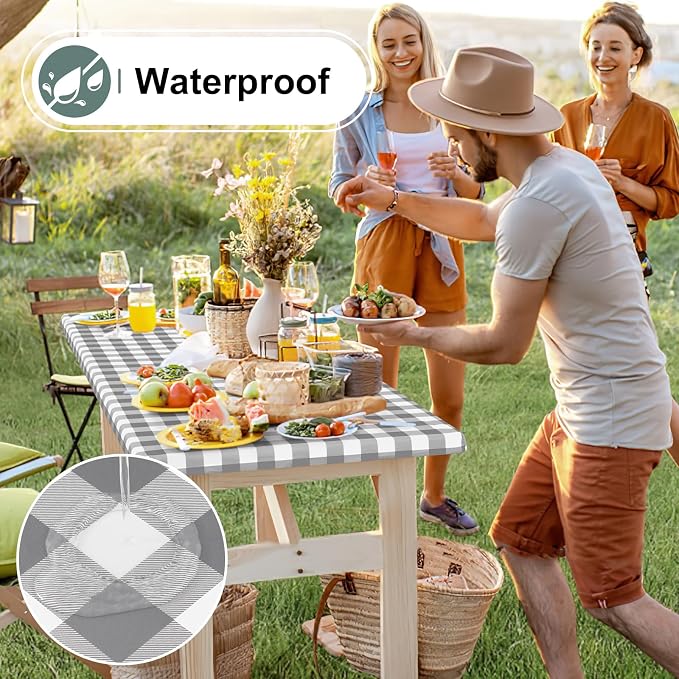 Buffalo Rectangle Picnic Tablecloth, 8 Foot Elastic Fitted Vinyl Table Cloth with Flannel Backing, Waterproof Plaid Table Covers for Dining, Camping, Outdoor (Grey and White, 30" x 96")
