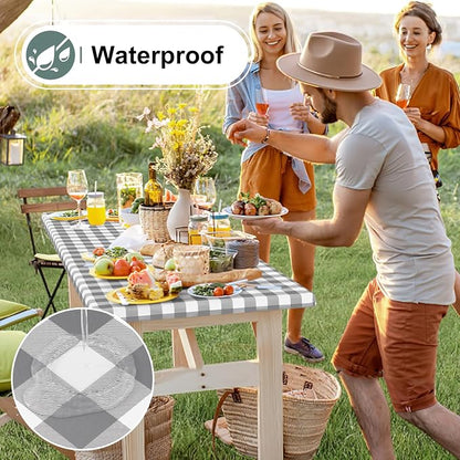Buffalo Rectangle Picnic Tablecloth, 4 Foot Elastic Fitted Vinyl Table Cloth with Flannel Backing, Waterproof Plaid Table Covers for Dining, Camping, Outdoor (Grey and White, 24" x 48")