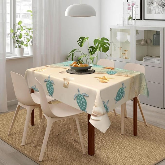 Sea Turtles Beach Table Cloths for Parties Dining Room Kitchen Wedding Indoor Outdoor Decoration Reusable Washable Teal Nautical Decorative Tablecloth, Rectangle 54"x72"