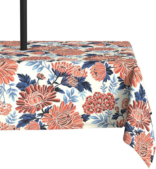 LVTXIII Rectangle Outdoor Tablecloth with Umbrella Hole and Zipper, Water-Repellent 60 x 84 Inch Patio Table Cover for Picnic, Garden, Backyard Dining, Vibrant Blossom