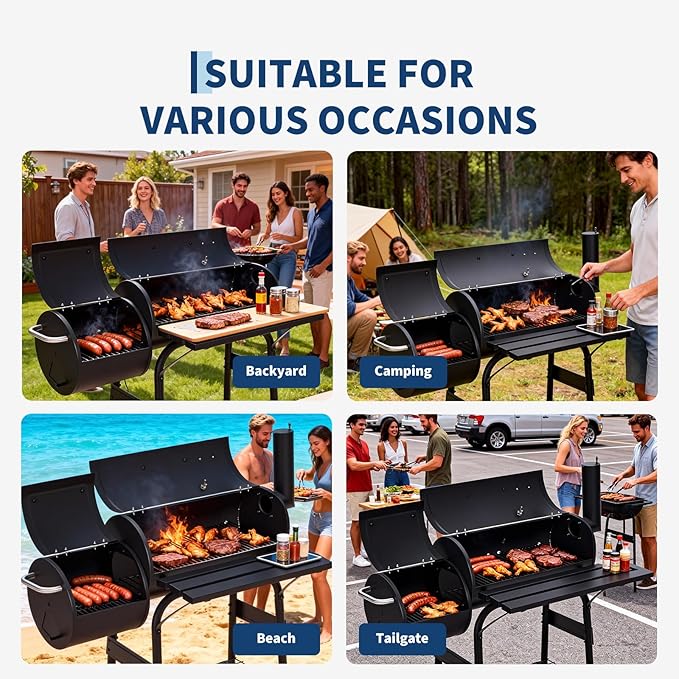 OUTLANE Charcoal Grill with Offset Smoker, 2-in-1 Barrel BBQ Grill and Smoker Combo with Storage Shelf, Built-In Thermometer, Chimney and Wheels, Outdoor Barbecue for Backyard Patio Camping, Black