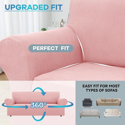 LURKA Stretch Couch Cover for Sofa, 1 Piece 3 Cushion Slipcover, Pink | Soft Stretch Jacquard, Fits 78"-94" Sofas, Elastic Bottom for Secure Fit, Machine Washable, Pet & Kid Friendly