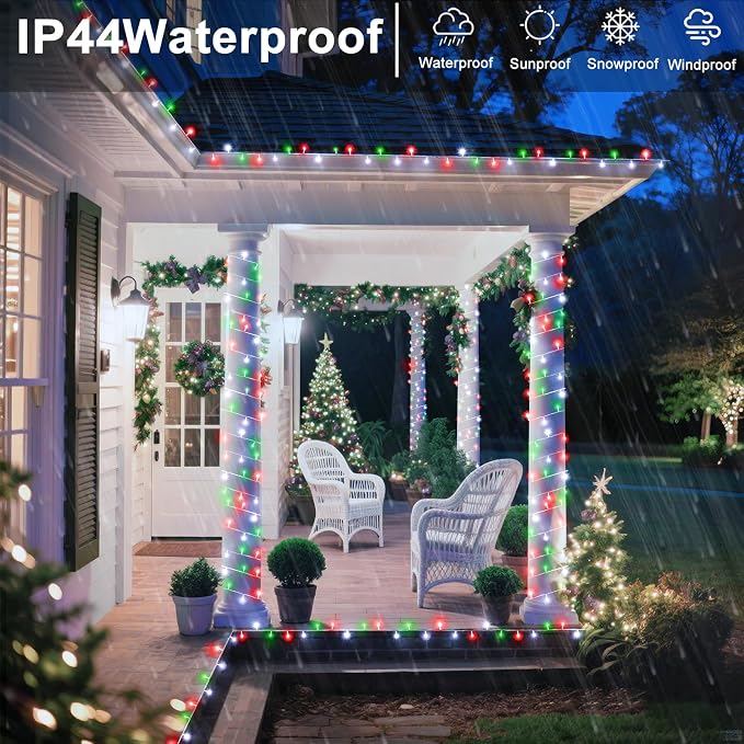 82FT 250 LED Outdoor String Lights, Red White and Green Christmas Lights | Plug in Waterproof 8 Modes Clear Wire String Twinkle Lights for Indoor Bedroom Outside Patio Xmas Party Holiday Decorations