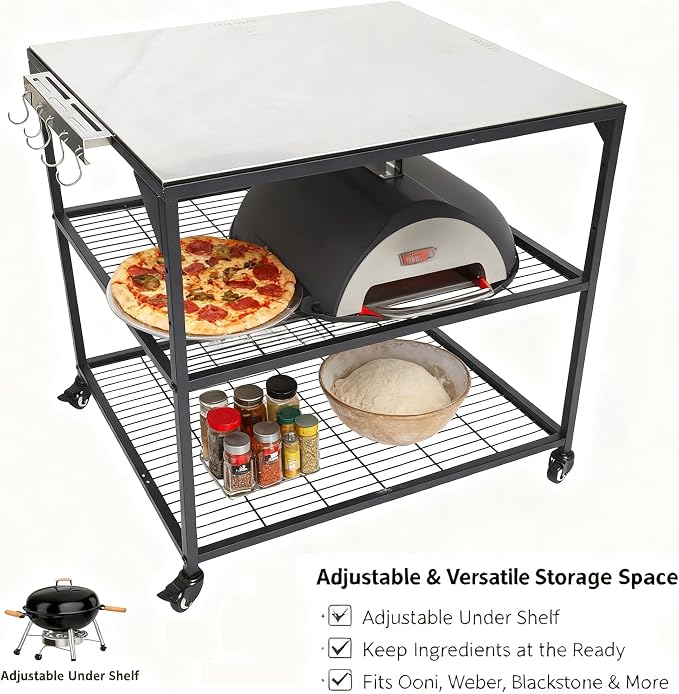 Three-Shelf Movable Stainless Steel & Steel Outdoor Dining Cart Table Pizza Oven Protable Grill and Heavy Duty Grill Cart Outdoor Table