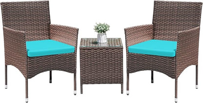 Greesum 3 Pieces Patio Dining PE Rattan Wicker Chair Furniture Set with Cushion and Glass Coffee Table for Outdoor Garden Backyard Poolside, Brown and Blue