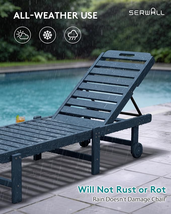 SERWALL HDPE Outdoor Chaise Lounge Set of 2 with Cup Holder & Wheels, Blue | Weather-resistant chaise lounge resists fading, with 5-level adjustable back, cup holder and wheels.