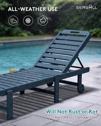 SERWALL HDPE Outdoor Chaise Lounge Set of 2 with Cup Holder & Wheels, Blue | Weather-resistant chaise lounge resists fading, with 5-level adjustable back, cup holder and wheels.