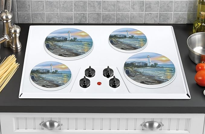 Reston Lloyd, Burner Covers For Electric Stovetop, Decorative Lightweight Tin Covers, Set of 4 (2-8 inch & 2-10 inch), Conceals Messy Drip Pans, Lighthouse