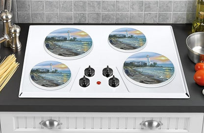 Reston Lloyd, Burner Covers For Electric Stovetop, Decorative Lightweight Tin Covers, Set of 4 (2-8 inch & 2-10 inch), Conceals Messy Drip Pans, Lighthouse