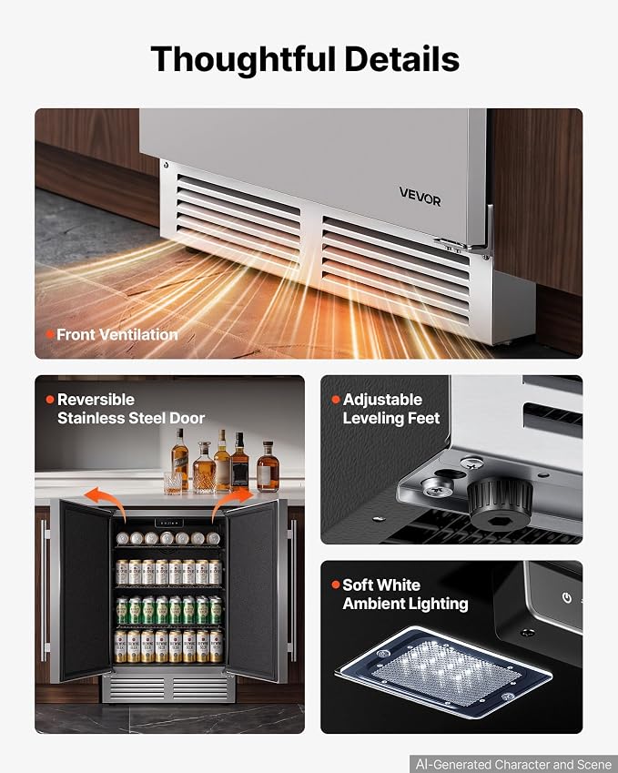 VEVOR Outdoor Beverage Refrigerator, 24 Inch Undercounter Drink Fridge | 304 Stainless Steel Body, 5.0 Cu. Ft, Hold 180 Cans, Powerful Cooling System, Built-in / Freestand Cooler, Home Bar & Patio