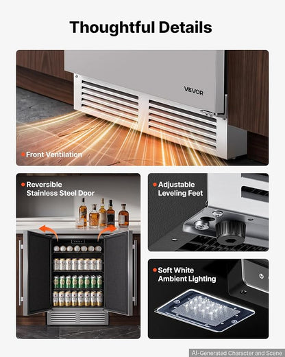 VEVOR Outdoor Beverage Refrigerator, 24 Inch Undercounter Drink Fridge | 304 Stainless Steel Body, 5.0 Cu. Ft, Hold 180 Cans, Powerful Cooling System, Built-in / Freestand Cooler, Home Bar & Patio