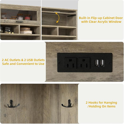 DWVO 67" Farmhouse Kitchen Pantry Cabinet with Storage Cabinet, Ash Gray | Coffee Bar & Charging Station, Buffet Sideboard, Microwave Stand, Hutch Cupboard for Dining Room Kitchen Living Room