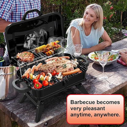 BBQCuker Portable Charcoal Grill with Warming Rack, Small Tabletop Barbecue Grill, Foldable Legs, Adjustable Vent, Total 343 Sq. In.Cooking Space, Outdoor BBQ Grill for Camping and Picnics (Black)
