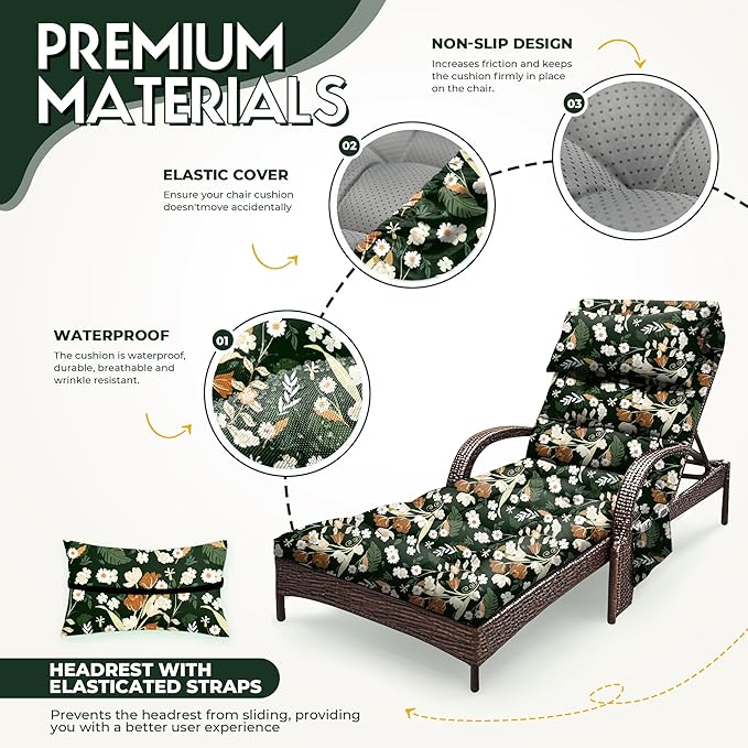 Outdoor Chaise Lounge Chair Cushion, Waterproof Outdoor Chair Cushions for Patio Furniture, 71 x 21 x 4 Inches Replacement Chaise Lounge Cushion with Ties (Black Flower)