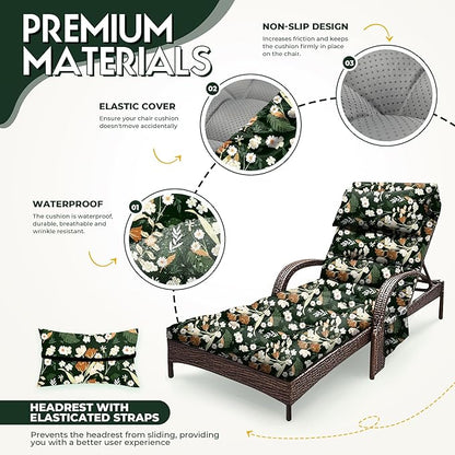 Outdoor Chaise Lounge Chair Cushion, Waterproof Outdoor Chair Cushions for Patio Furniture, 71 x 21 x 4 Inches Replacement Chaise Lounge Cushion with Ties (Black Flower)